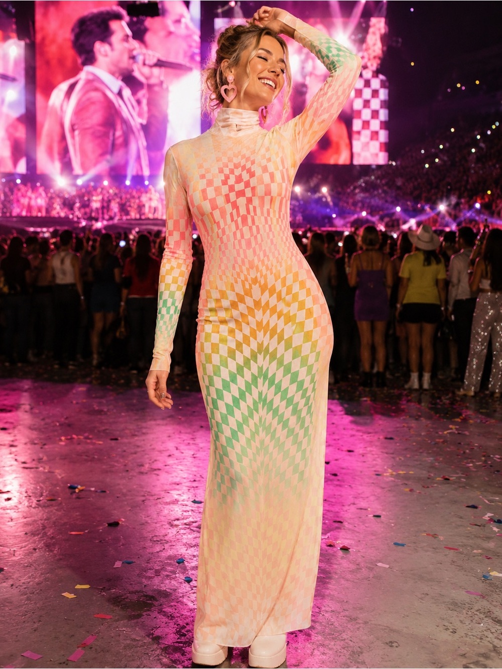 Harry Styles Inspired Psychedelic Checker Mesh Maxi Dress Rave EDM Festival S